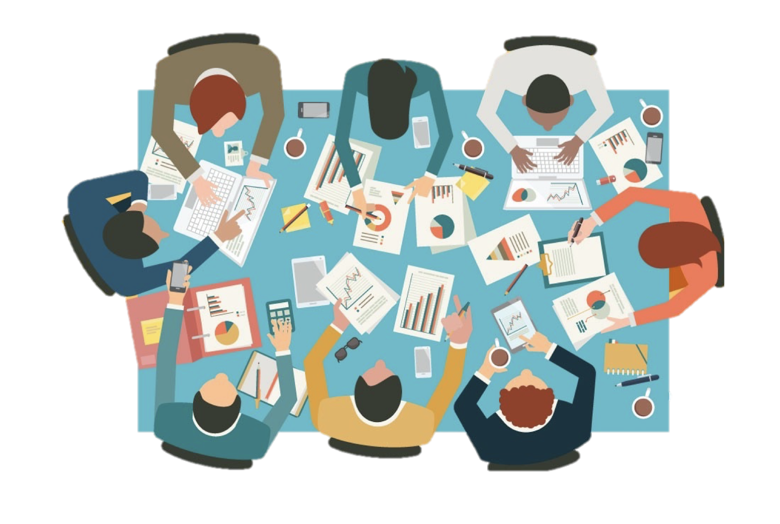 illustration of 8 people working together around a table on different statistics