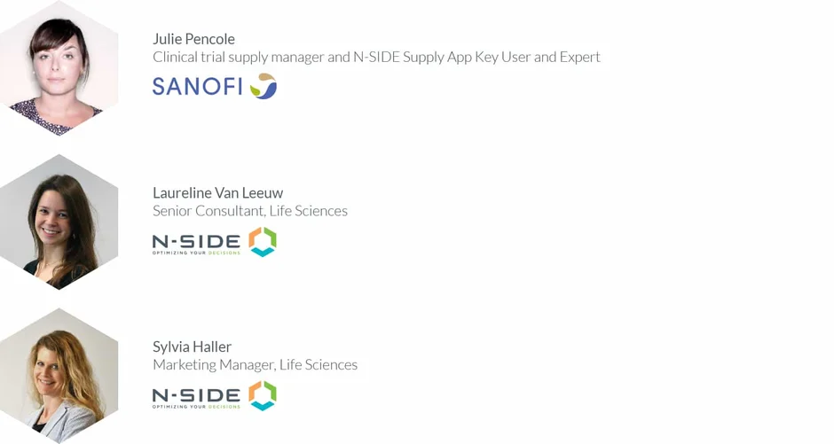 This image features three individuals with their roles and associated companies in the life sciences and supply management sectors.