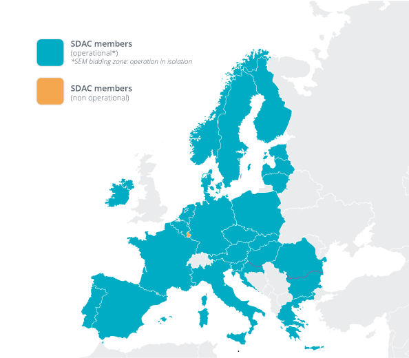 European map showcasing the SDAC members that are operational and the ones that are not