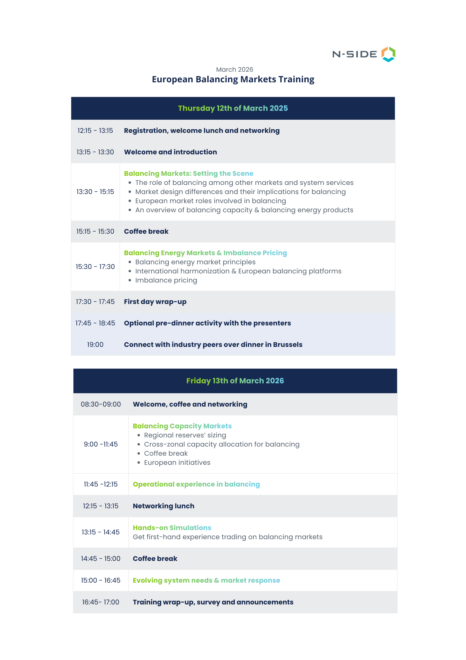 European Balancing Markets Training agenda - March 2026