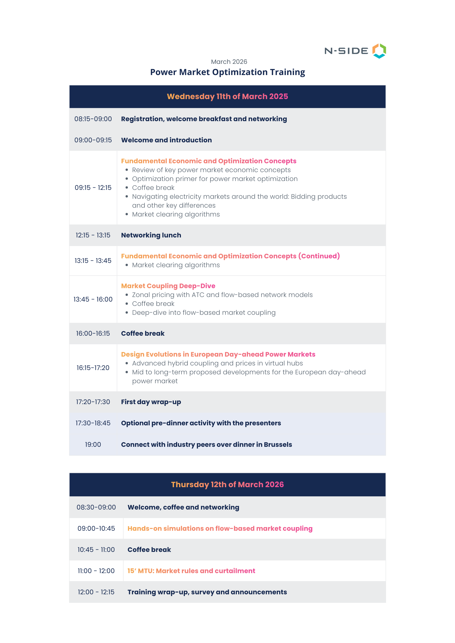 Power Market Optimization training agenda - March 2026